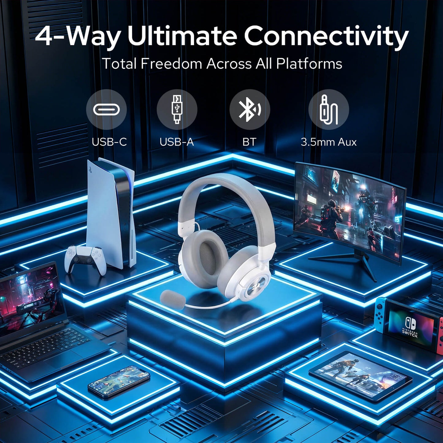 Redragon H889 Wireless Gaming Headset, 4 Connection Modes 2.4G/BT/3.5mm/USB, 53mm Drivers, Spatial Audio, 7.1 Surround Sound, Detachable Mic, Compatible with PC/PS5/PS4/NS/Xbox One/Phone 
