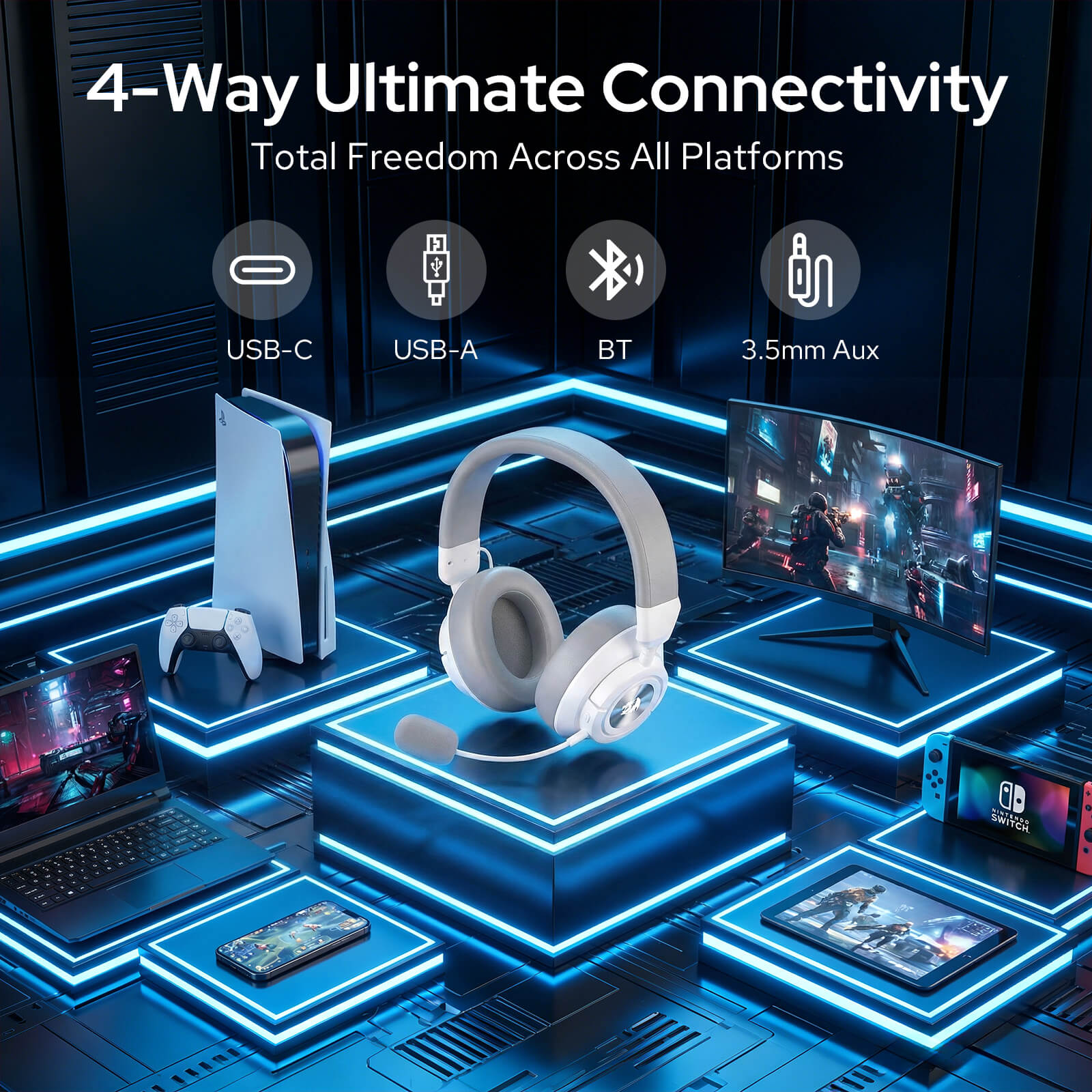 Redragon H889 Wireless Gaming Headset, 4 Connection Modes 2.4G/BT/3.5mm/USB, 53mm Drivers, Spatial Audio, 7.1 Surround Sound, Detachable Mic, Compatible with PC/PS5/PS4/NS/Xbox One/Phone 