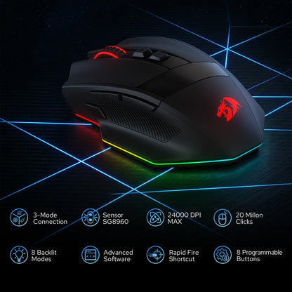 Redragon M923 PRO 3-Mode RGB Gaming Mouse, Optical Ergonomic Gamer Mouse with Max 24,000DPI, Pro Precision Sensor SG8960, 8 Macro Buttons, Software Supported 