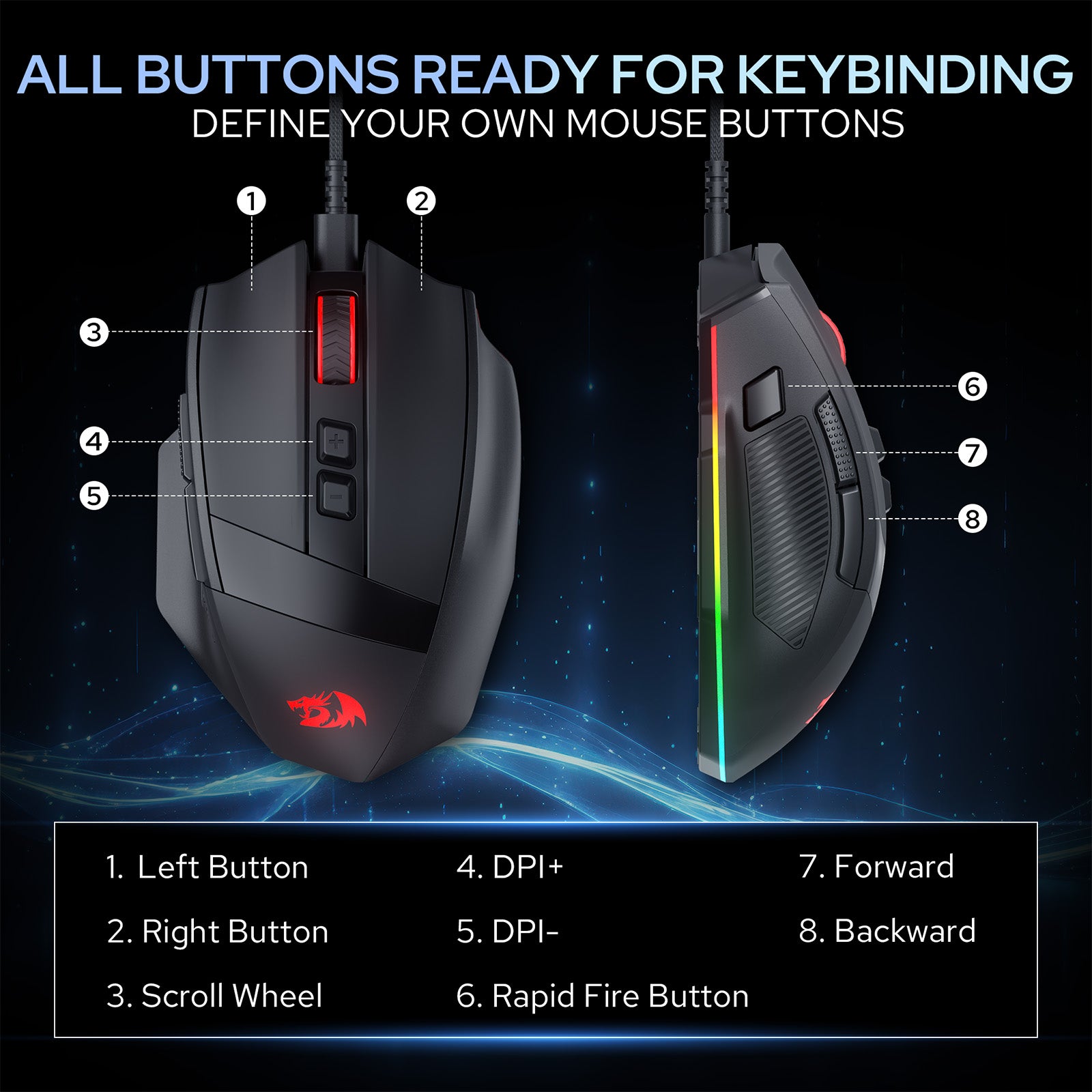 Redragon M923 Gaming Mouse, RGB, Wired, Black 