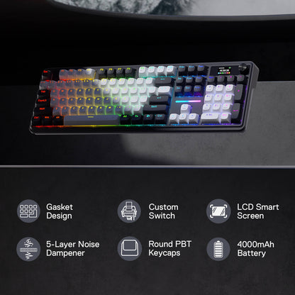 The Redragon K762 Pro keyboard is displayed with RGB backlighting, highlighting its key features: gasket design, custom switches, LCD smart screen, 5-layer noise dampener, round PBT keycaps, and 4000mAh battery.