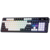 A full-size gaming keyboard (with white/black keycaps and RGB backlighting) is shown, featuring a built-in small screen and control knob on the top right. | show