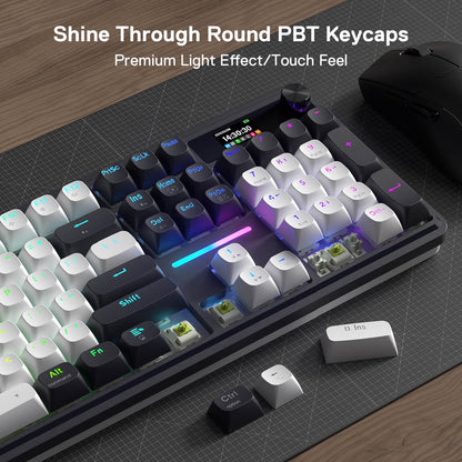The keyboard’s 18 vivid RGB backlight modes are shown, with on-board and knob controls to adjust brightness, speed, and lighting effects.