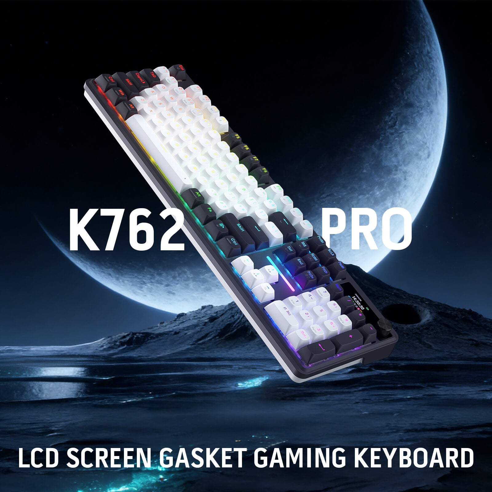 The Redragon K762 Pro LCD screen gasket gaming keyboard is showcased against a lunar landscape, emphasizing its sleek design and RGB backlighting.
