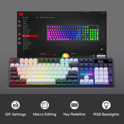The Redragon K762 Pro is paired with its software, showing customizable features like GIF settings, macro editing, key redefinition, and RGB backlight controls.