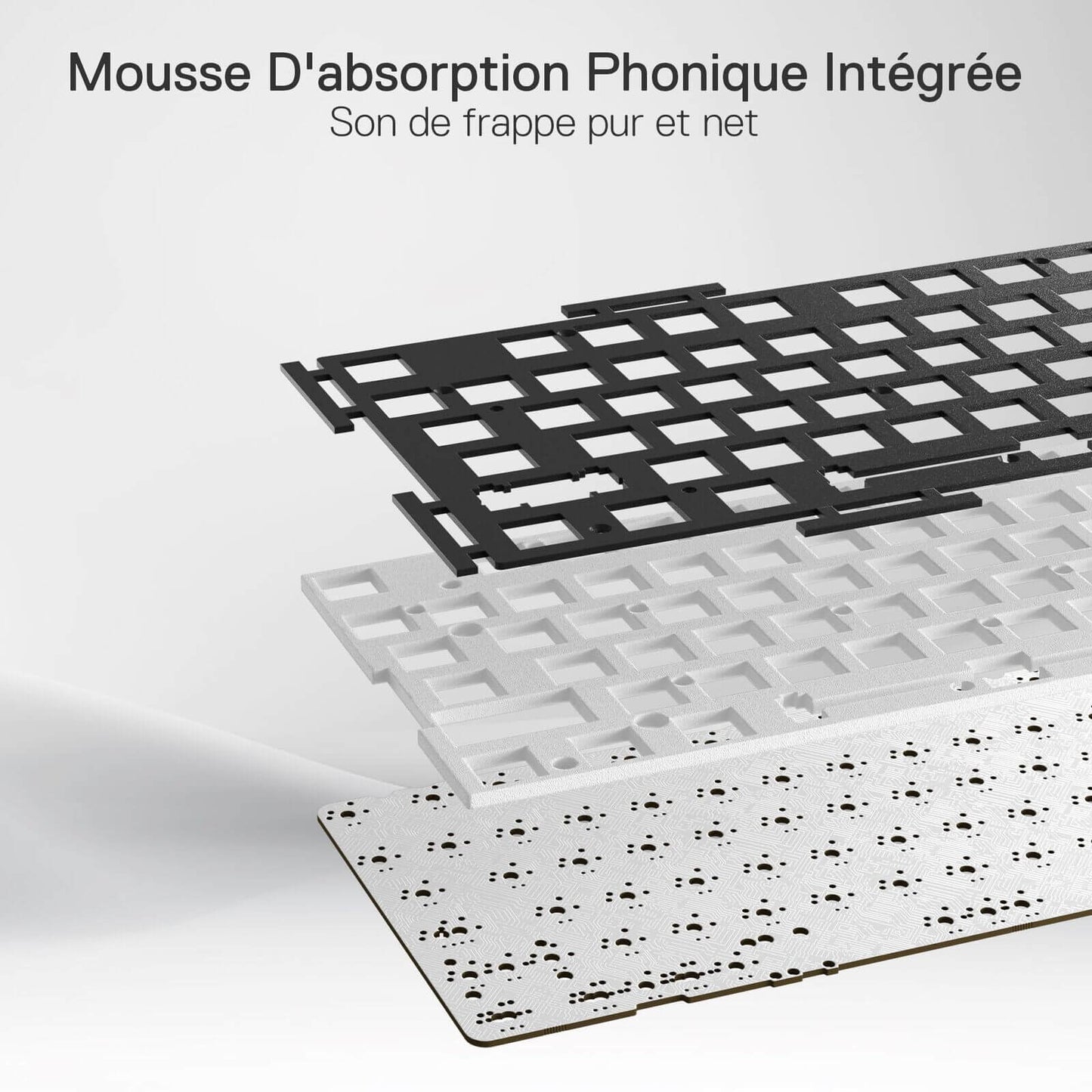 Integrated sound-absorbing foam layers are shown, designed to deliver a pure and crisp typing sound.