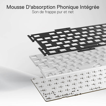 Integrated sound-absorbing foam layers are shown, designed to deliver a pure and crisp typing sound.