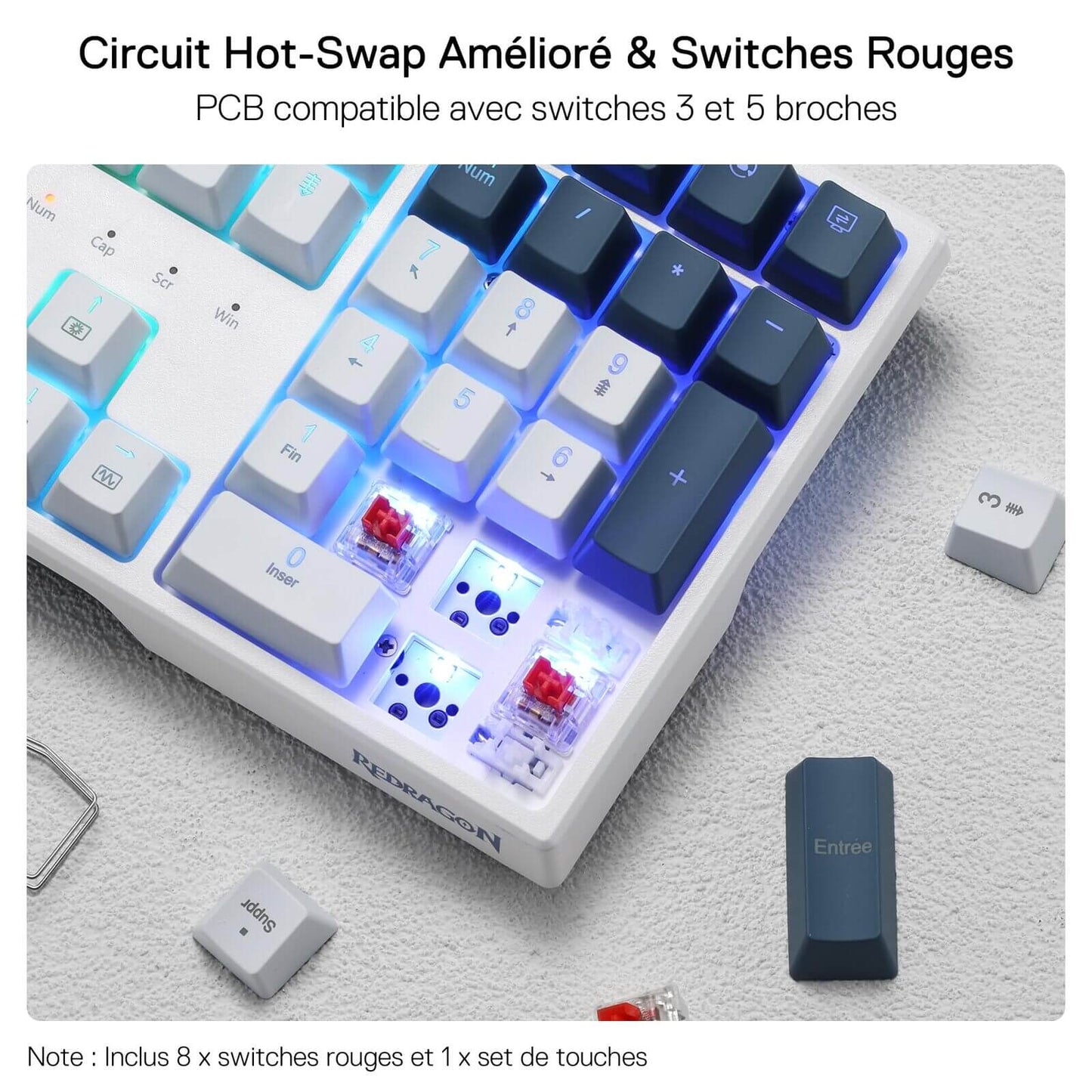 The upgraded hot-swappable PCB of the Redragon K668 keyboard is shown, compatible with 3/5-pin switches, with red switches and a keycap puller included for easy customization.