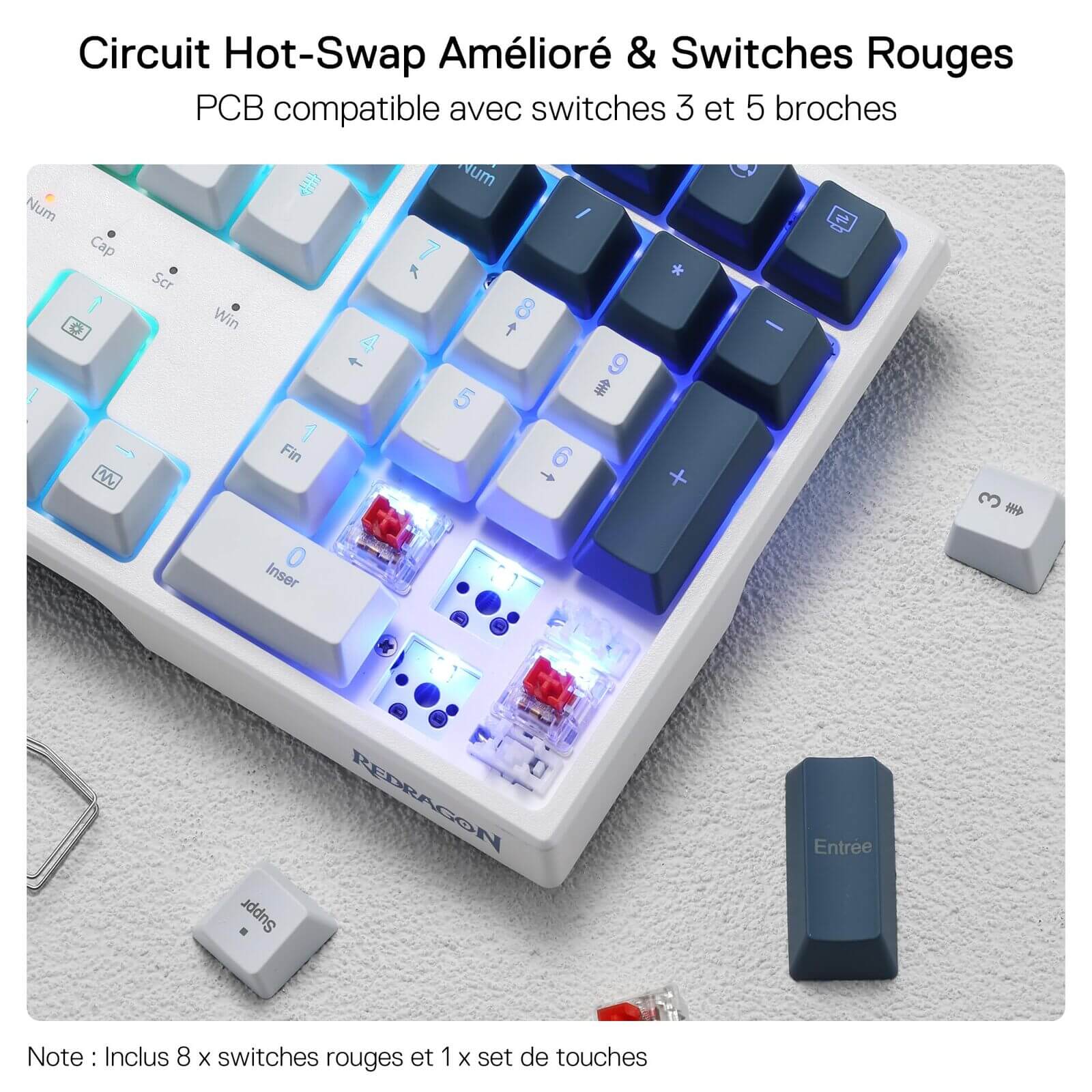 The upgraded hot-swappable PCB of the Redragon K668 keyboard is shown, compatible with 3/5-pin switches, with red switches and a keycap puller included for easy customization.