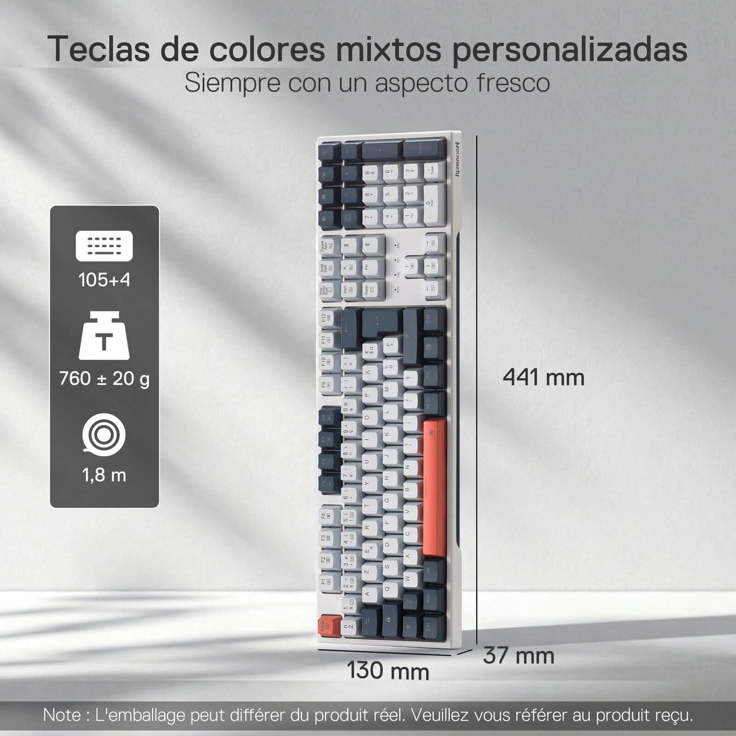 The mixed-color custom keycaps are featured, with the keyboard’s dimensions (441×130×37mm) and weight (760±20g) clearly indicated.