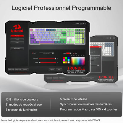 Professional programmable software is demonstrated, offering 16.8 million colors, 21 lighting modes, macro editing, and music-synced effects, compatible only with Windows.