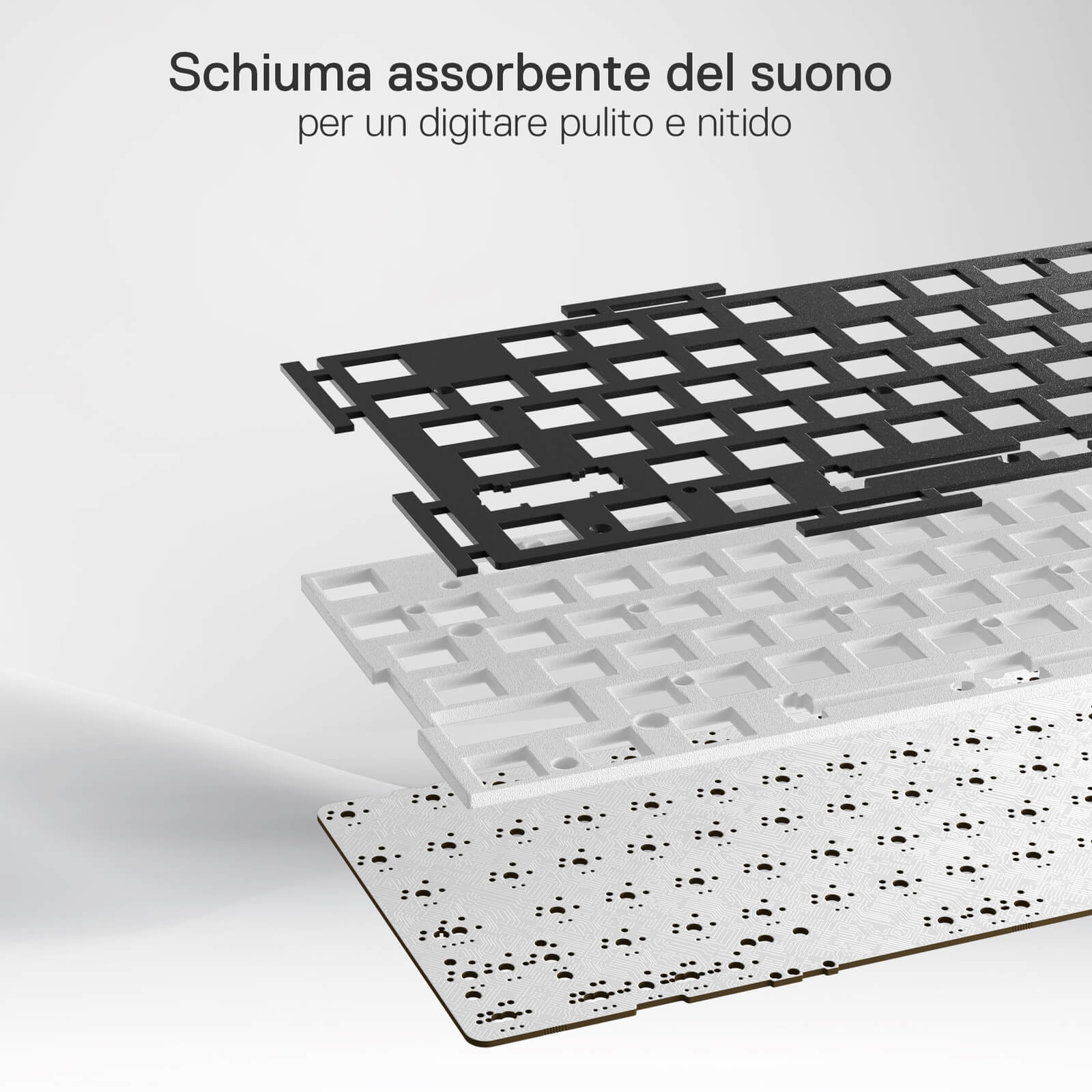Sound-absorbing foam layers are displayed, designed to deliver a clean and crisp typing sound.