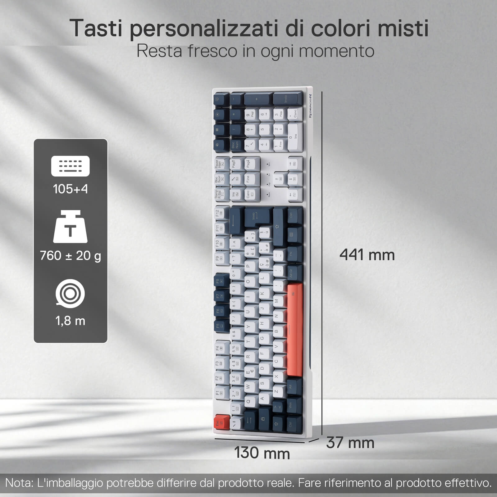 The mixed-color custom keycaps are featured, with the keyboard’s dimensions (441×130×37mm) and weight (760±20g) clearly indicated.