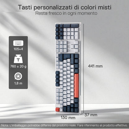 The mixed-color custom keycaps are featured, with the keyboard’s dimensions (441×130×37mm) and weight (760±20g) clearly indicated.