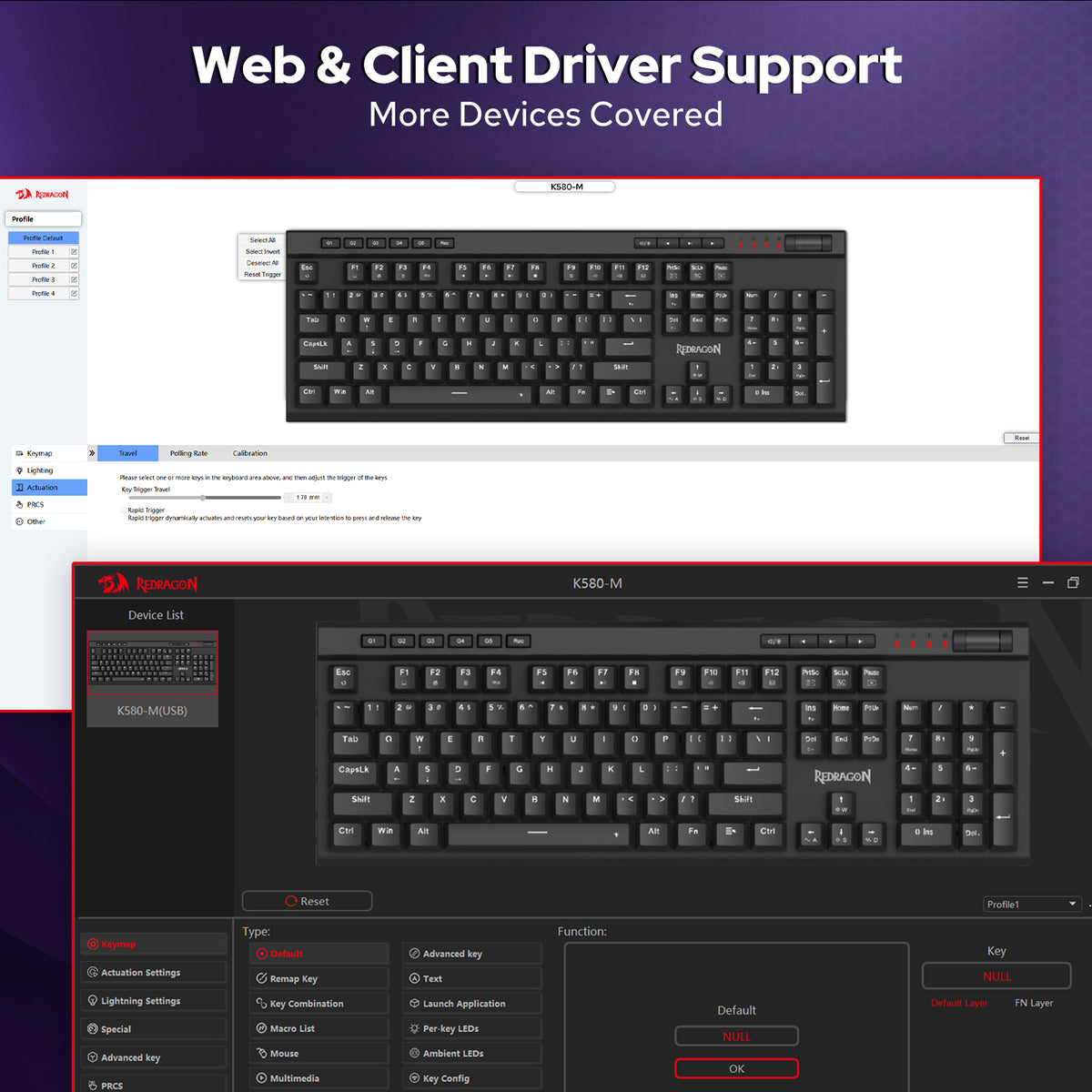 Redragon_VATA_K580_HE, Promotional graphic for a keyboard driver support software tool, showing screenshots of a device list interface and a keyboard layout with the text 'Web & Client Driver Support' and 'More Devices Covered'.