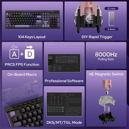 Redragon K580 HE Rapid Trigger Gaming Keyboard, 100% 104 Keys Wired Mechanical Keyboard w/Hyper-Fast Actuation, 8K Hall Effect Magnetic Switch, Dedicated Media Controls, Onboard Macro Recording