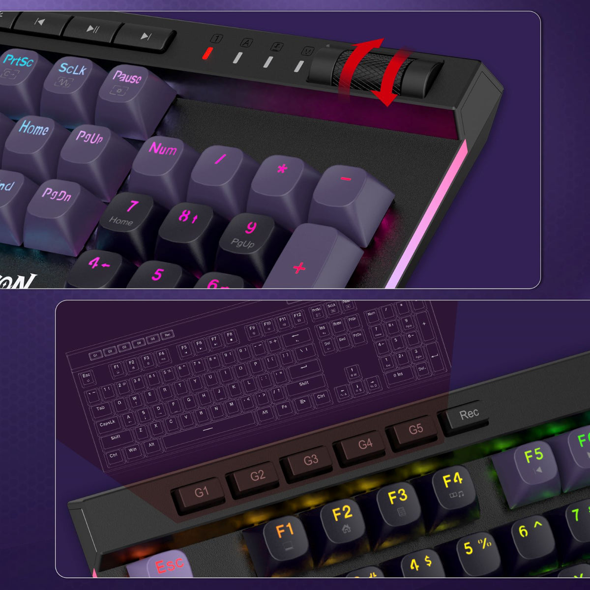 Close-up of a mechanical keyboard with dark gray and black keycaps, pink backlighting, and a red adjustment knob detail, shown on a purple background with inset views of the keyboard layout and lighting.