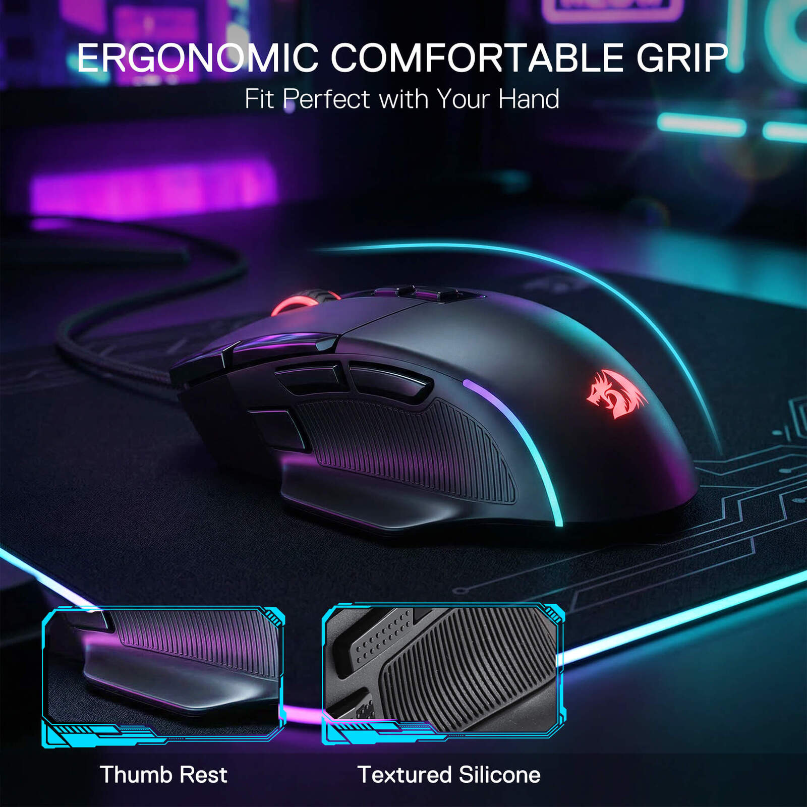 Redragon M925 Wired Gaming Mouse, 24,000 Max DPI Optical Gaming Mouse with 10 Programmable Buttons, Ergonomic Natural Grip Build, Software Supports DIY Keybinds & DPI, Black