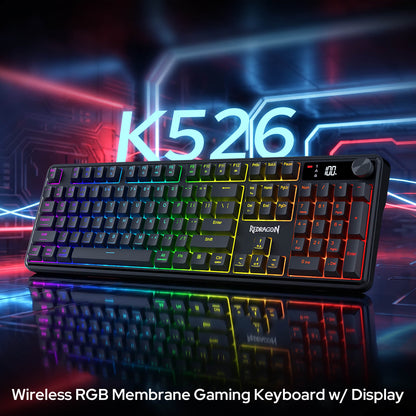Redragon K526 PRO RGB Wireless Membrane Gaming Keyboard, 104 Keys Mechanical-Feel Keyboard w/LED Info Display, Media/Backlit Knob Control, Smooth Linear Switch & Software Supported