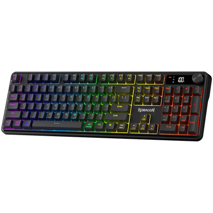 Redragon K526 PRO RGB Wireless Membrane Gaming Keyboard, 104 Keys Mechanical-Feel Keyboard w/LED Info Display, Media/Backlit Knob Control, Smooth Linear Switch & Software Supported
