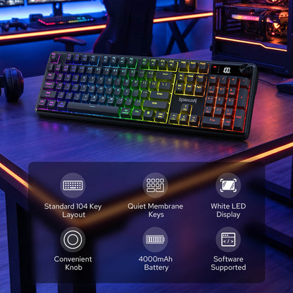 Redragon K526 PRO RGB Wireless Membrane Gaming Keyboard, 104 Keys Mechanical-Feel Keyboard w/LED Info Display, Media/Backlit Knob Control, Smooth Linear Switch & Software Supported