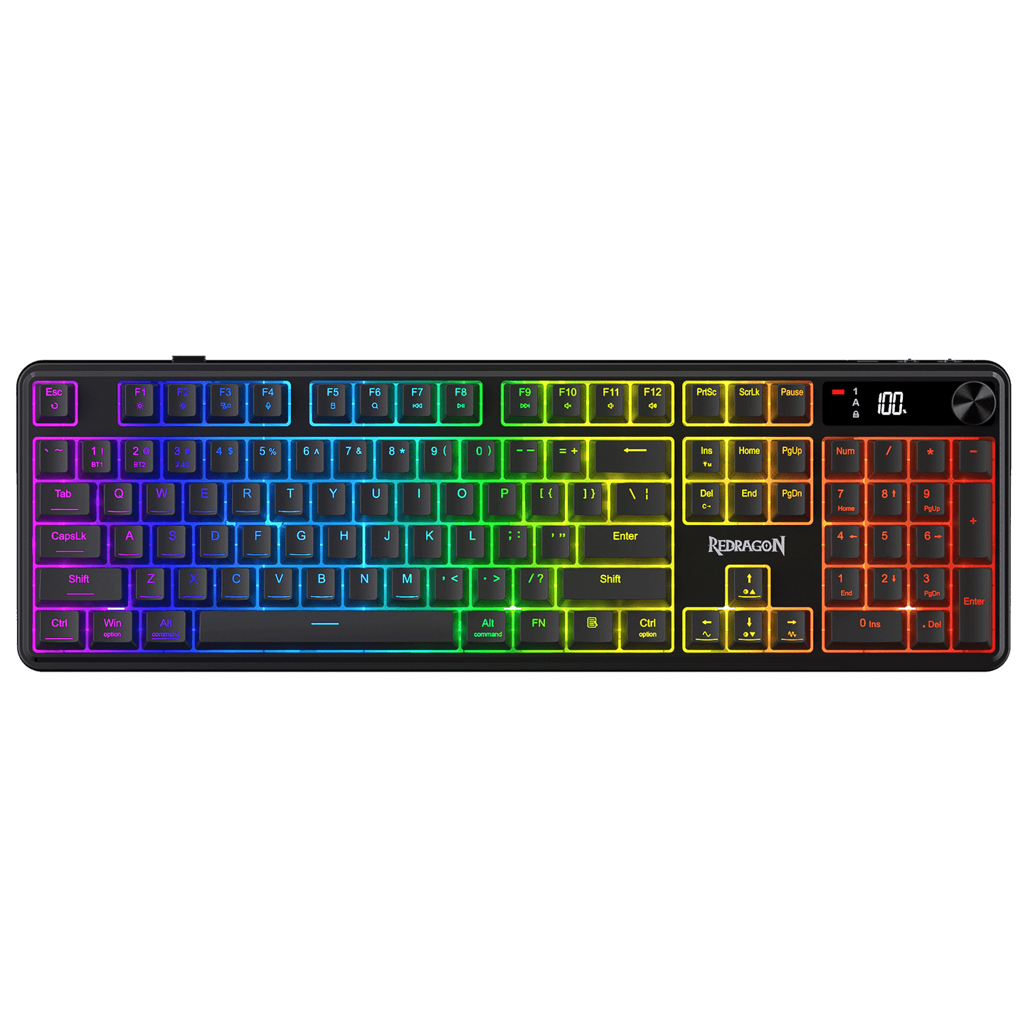 Redragon K526 PRO RGB Wireless Membrane Gaming Keyboard, 104 Keys Mechanical-Feel Keyboard w/LED Info Display, Media/Backlit Knob Control, Smooth Linear Switch & Software Supported