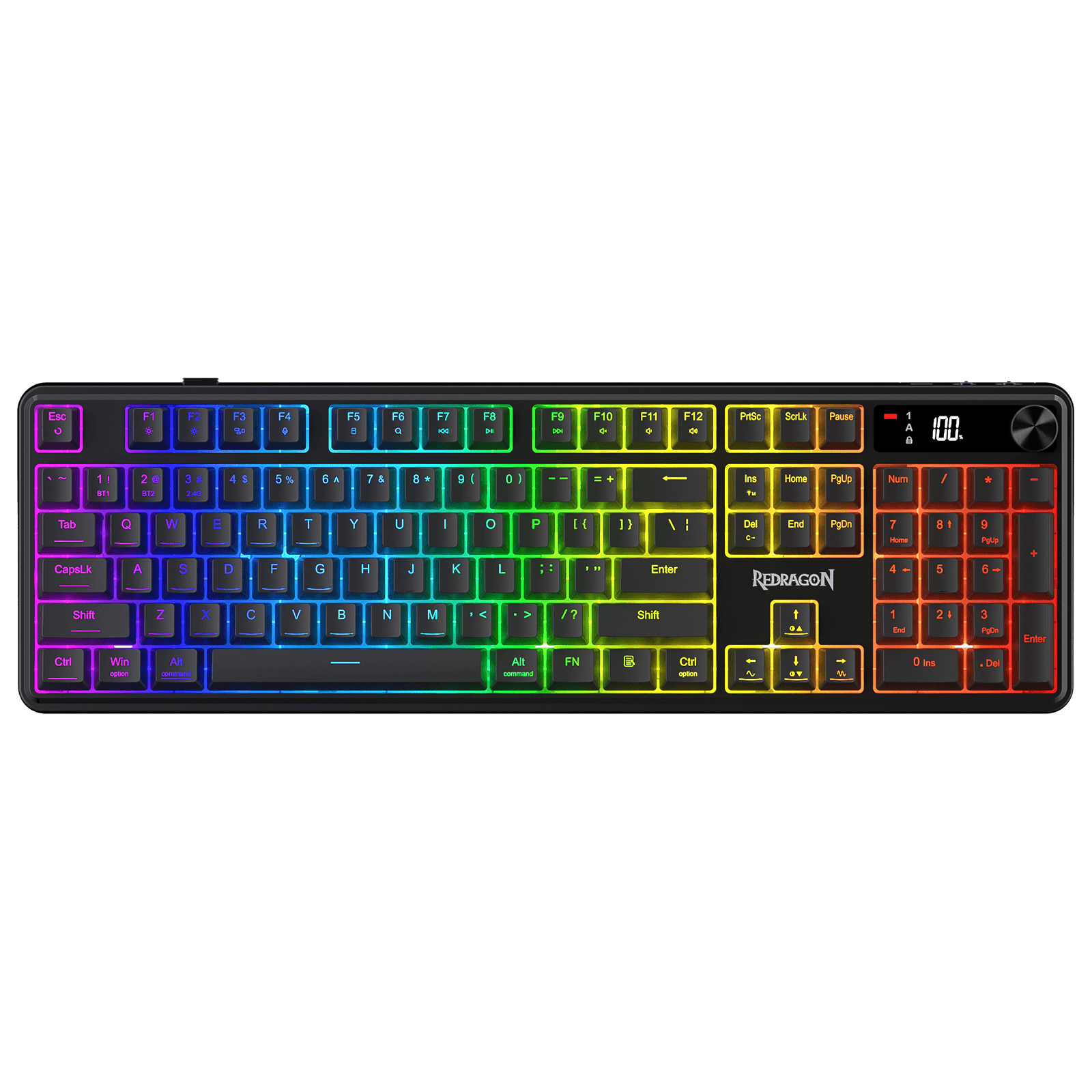 Redragon K526 PRO RGB Wireless Membrane Gaming Keyboard, 104 Keys Mechanical-Feel Keyboard w/LED Info Display, Media/Backlit Knob Control, Smooth Linear Switch & Software Supported