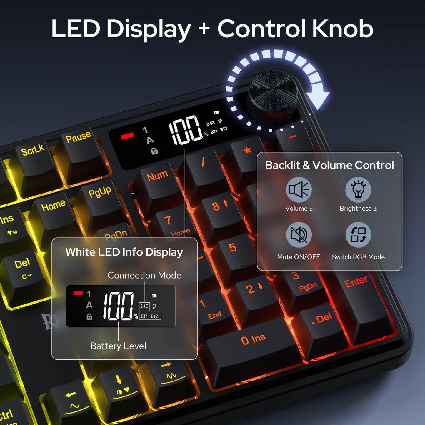 Redragon K526 PRO RGB Wireless Membrane Gaming Keyboard, LED Info Display, Media/Backlit Knob Control, 