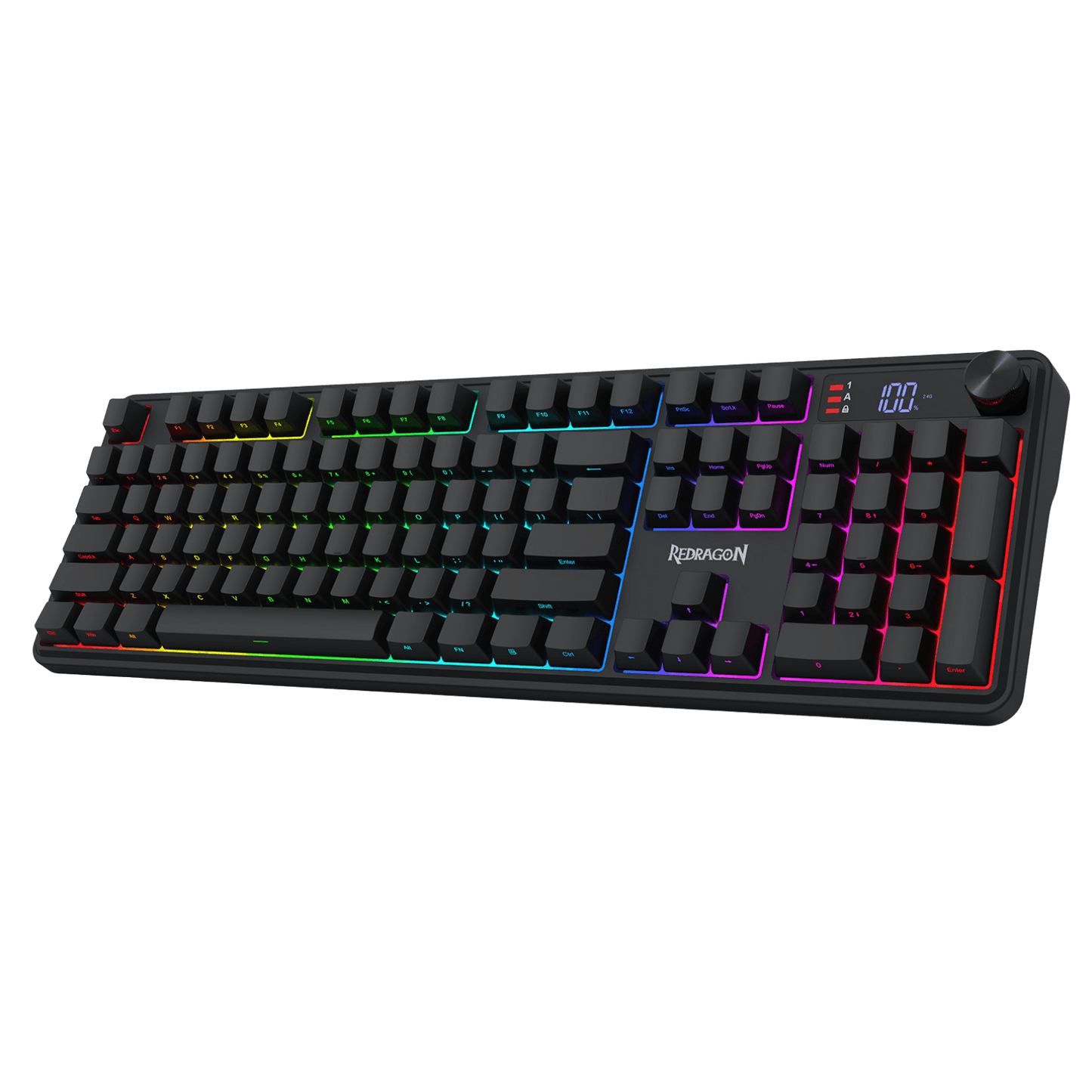 Redragon K526 PRO RGB Wireless Membrane Gaming Keyboard, 104 Keys Mechanical-Feel Keyboard w/LED Info Display, Media/Backlit Knob Control, Linear Switch & Software Supported (Side Printed Font)