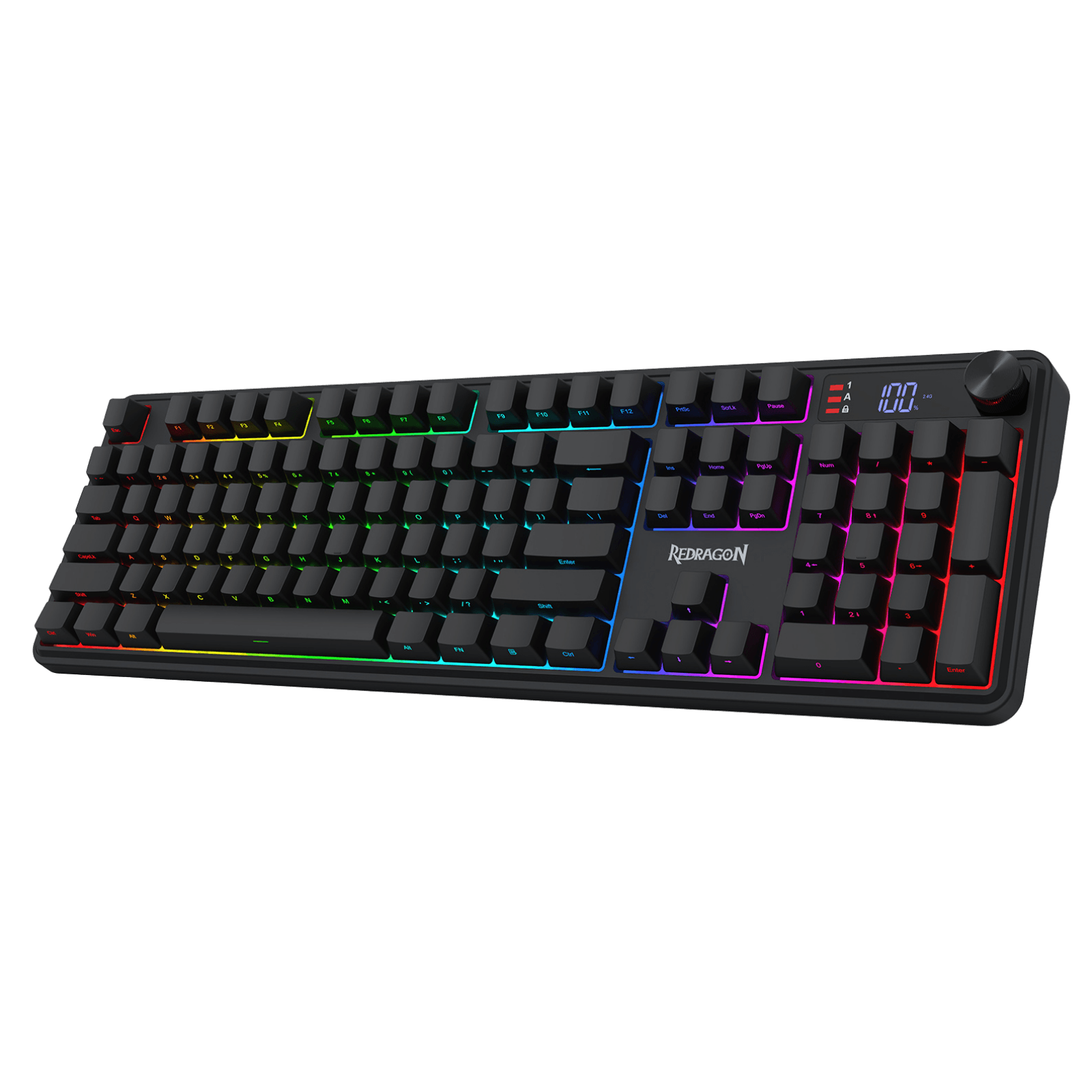 Redragon K526 PRO RGB Wireless Membrane Gaming Keyboard, 104 Keys Mechanical-Feel Keyboard w/LED Info Display, Media/Backlit Knob Control, Linear Switch & Software Supported (Side Printed Font)