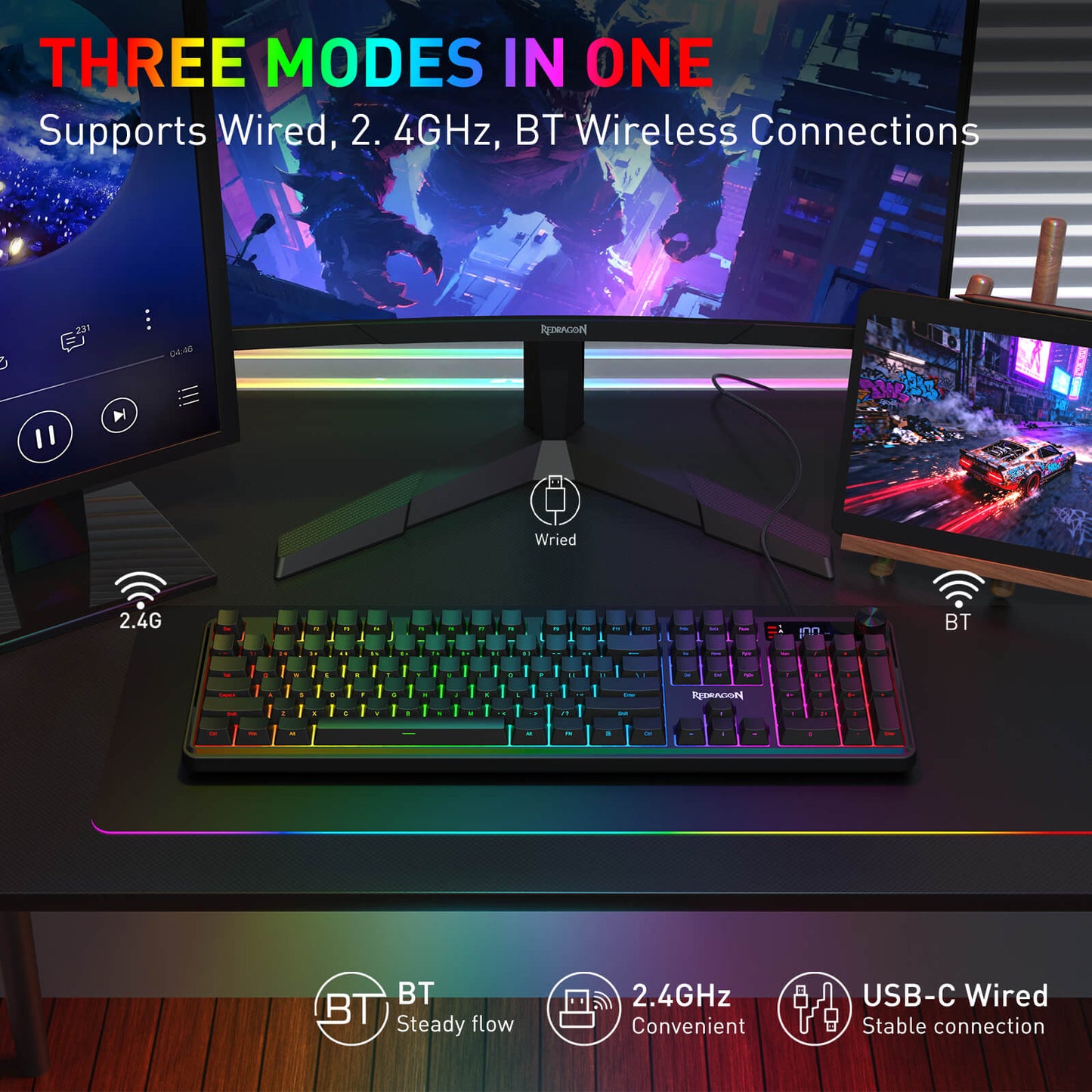 Redragon K526 PRO RGB Wireless Membrane Gaming Keyboard, 104 Keys Mechanical-Feel Keyboard w/LED Info Display, Media/Backlit Knob Control, Linear Switch & Software Supported (Side Printed Font)