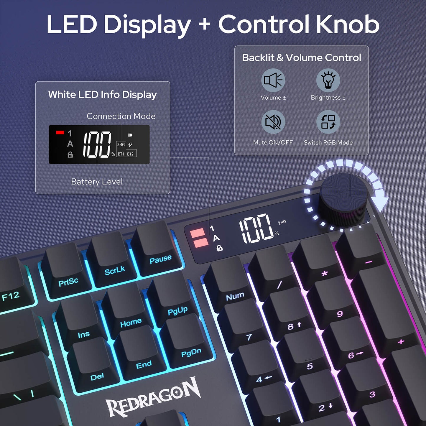 Redragon K526 PRO RGB Wireless Membrane Gaming Keyboard,LED Info Display, Media/Backlit Knob Control