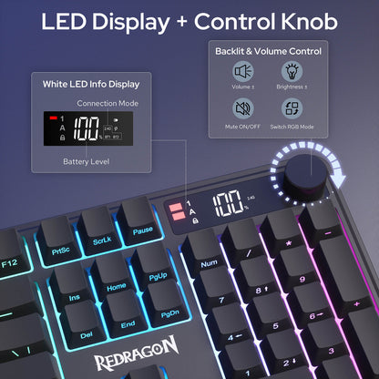 Redragon K526 PRO RGB Wireless Membrane Gaming Keyboard,LED Info Display, Media/Backlit Knob Control