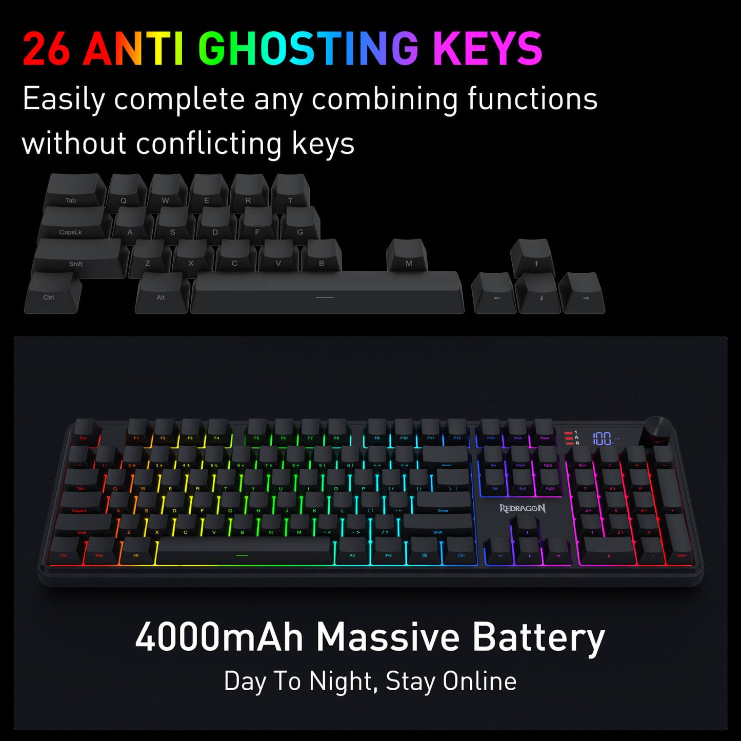Redragon K526 PRO RGB Wireless Membrane Gaming Keyboard, 104 Keys Mechanical-Feel Keyboard w/LED Info Display, Media/Backlit Knob Control, Linear Switch & Software Supported (Side Printed Font)