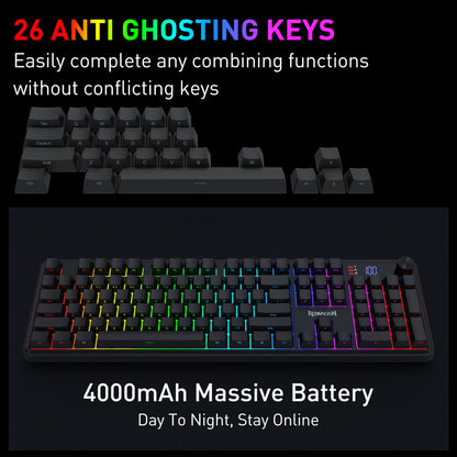 Redragon K526 PRO RGB Wireless Membrane Gaming Keyboard, 104 Keys Mechanical-Feel Keyboard w/LED Info Display, Media/Backlit Knob Control, Linear Switch & Software Supported (Side Printed Font)
