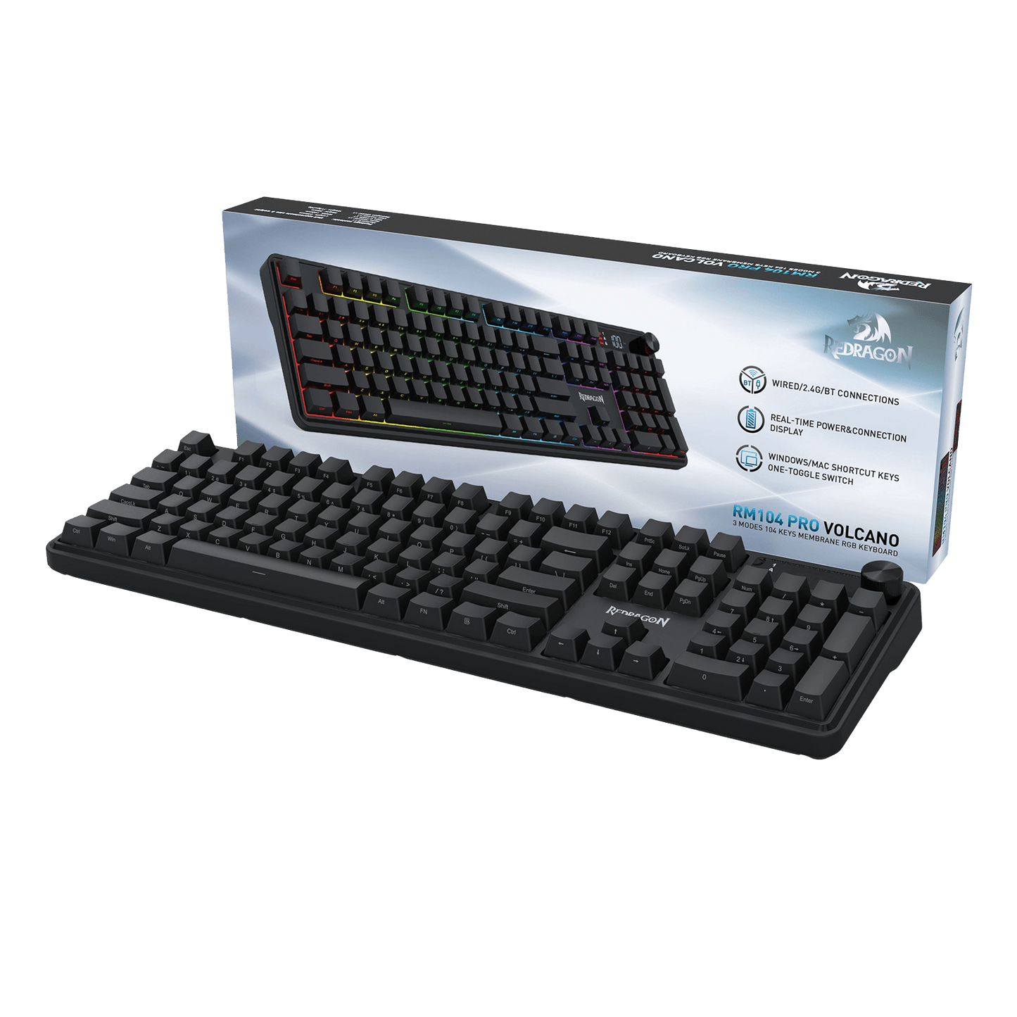 Redragon K526 PRO RGB Wireless Membrane Gaming Keyboard, 104 Keys Mechanical-Feel Keyboard w/LED Info Display, Media/Backlit Knob Control, Linear Switch & Software Supported (Side Printed Font)