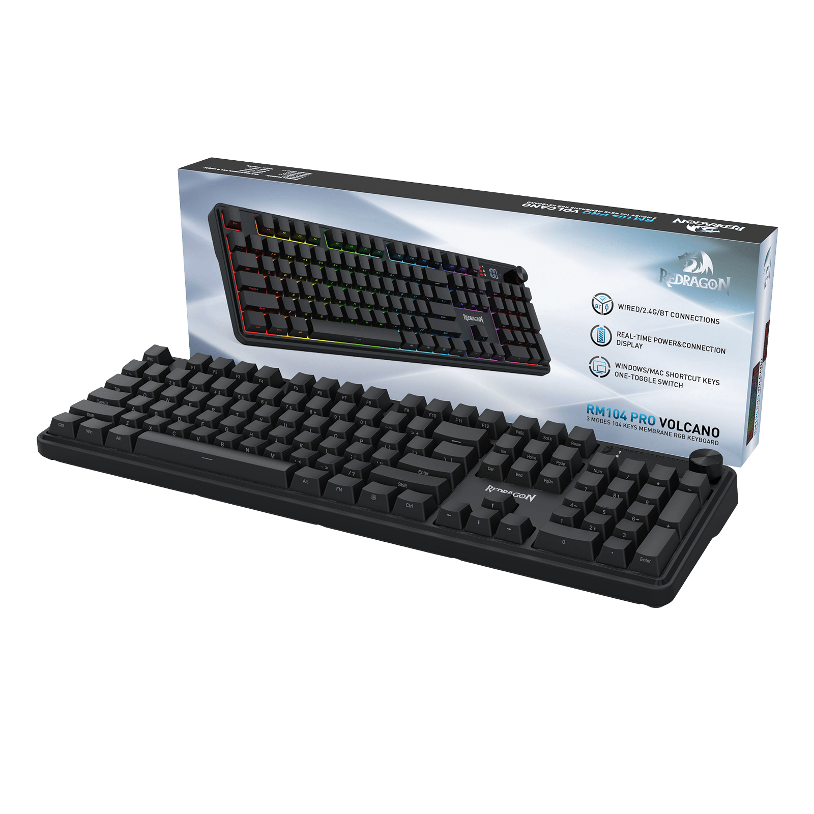 Redragon K526 PRO RGB Wireless Membrane Gaming Keyboard, 104 Keys Mechanical-Feel Keyboard w/LED Info Display, Media/Backlit Knob Control, Linear Switch & Software Supported (Side Printed Font)