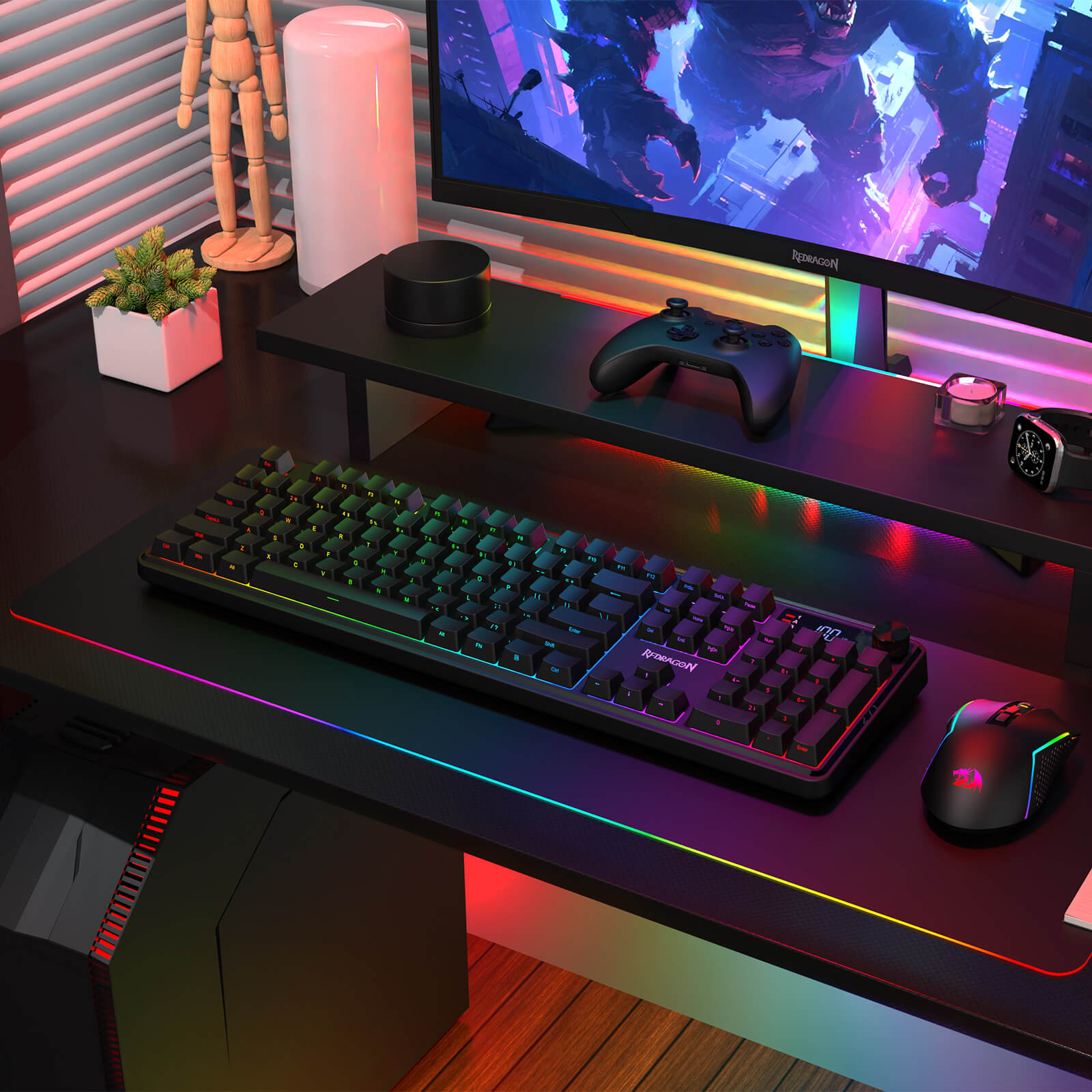 Redragon K526 PRO RGB Wireless Membrane Gaming Keyboard, 104 Keys Mechanical-Feel Keyboard w/LED Info Display, Media/Backlit Knob Control, Linear Switch & Software Supported (Side Printed Font)
