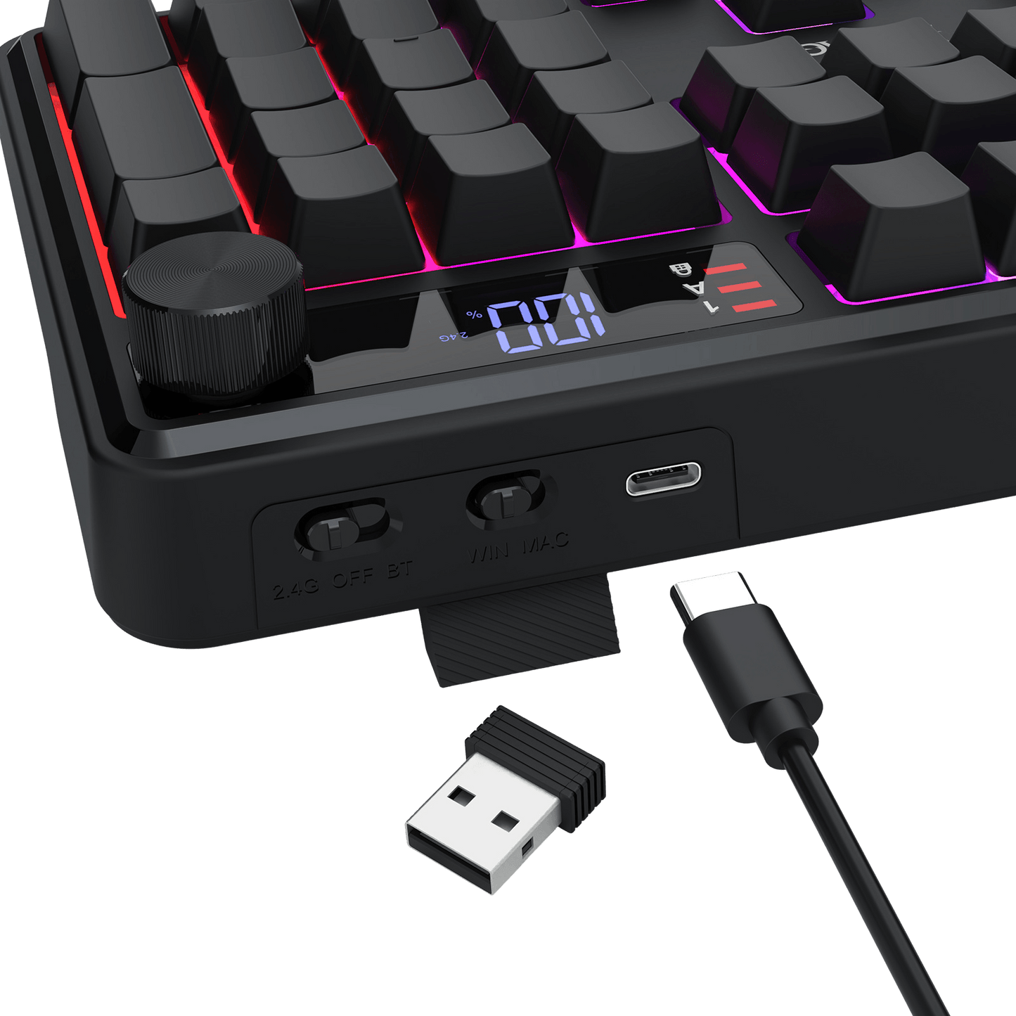 Redragon K526 PRO RGB Wireless Membrane Gaming Keyboard, 104 Keys Mechanical-Feel Keyboard w/LED Info Display, Media/Backlit Knob Control, Linear Switch & Software Supported (Side Printed Font)