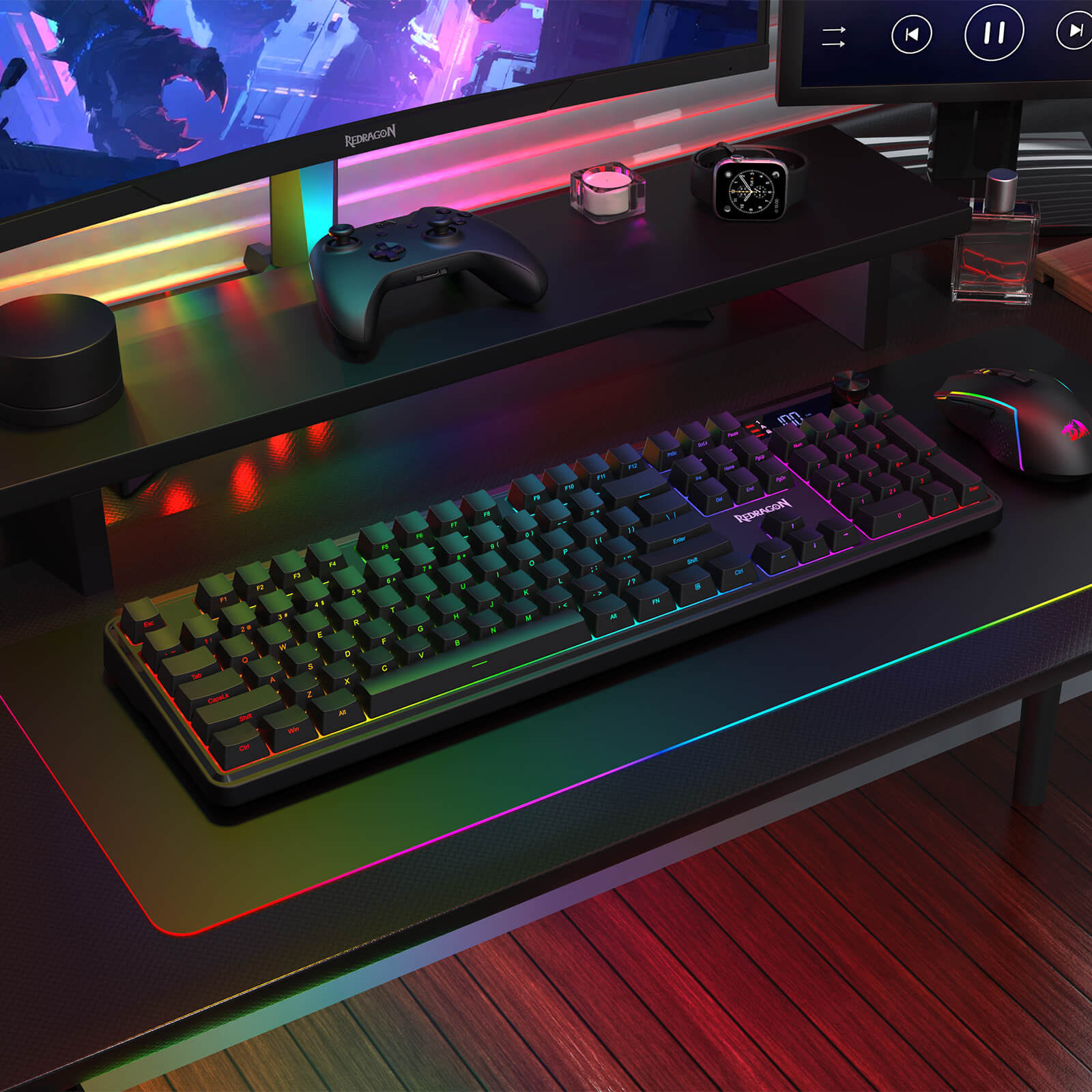 Redragon K526 PRO RGB Wireless Membrane Gaming Keyboard, 104 Keys Mechanical-Feel Keyboard w/LED Info Display, Media/Backlit Knob Control, Linear Switch & Software Supported (Side Printed Font)