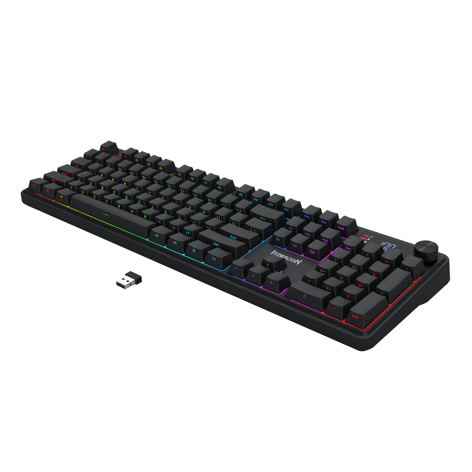 Redragon K526 PRO RGB Wireless Membrane Gaming Keyboard, 104 Keys Mechanical-Feel Keyboard w/LED Info Display, Media/Backlit Knob Control, Linear Switch & Software Supported (Side Printed Font)