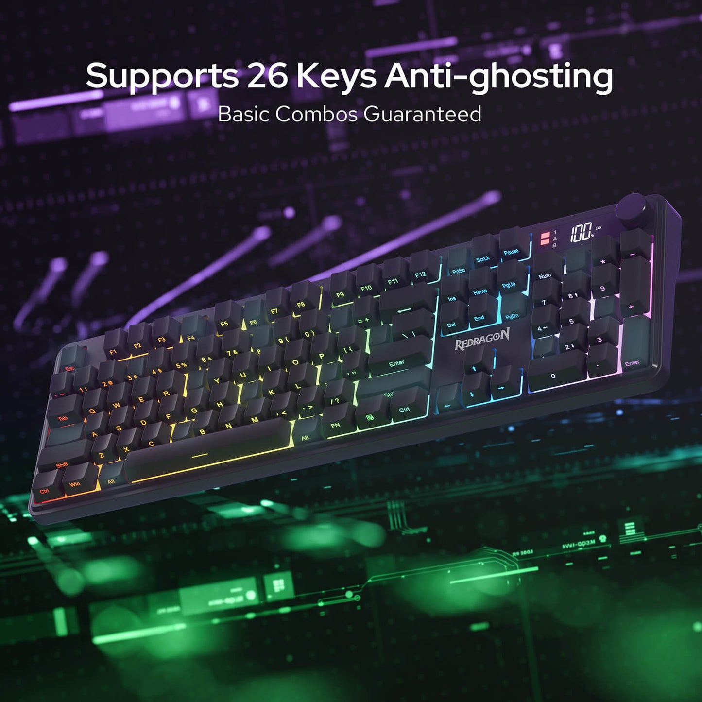 Redragon K526 PRO RGB Wireless Membrane Gaming Keyboard, 26 keys Anti-ghosting