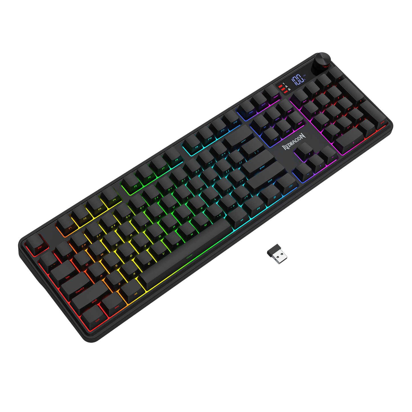 Redragon K526 PRO RGB Wireless Membrane Gaming Keyboard, 104 Keys Mechanical-Feel Keyboard w/LED Info Display, Media/Backlit Knob Control, Linear Switch & Software Supported (Side Printed Font)