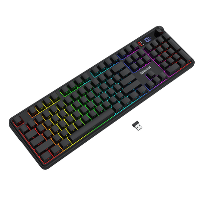 Redragon K526 PRO RGB Wireless Membrane Gaming Keyboard, 104 Keys Mechanical-Feel Keyboard w/LED Info Display, Media/Backlit Knob Control, Linear Switch & Software Supported (Side Printed Font)