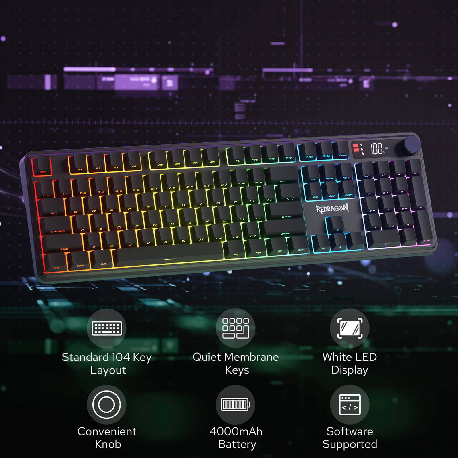 Redragon K526 PRO RGB Wireless Membrane Gaming Keyboard, 104 Keys Mechanical-Feel Keyboard w/LED Info Display, Media/Backlit Knob Control, Linear Switch & Software Supported (Side Printed Font) 