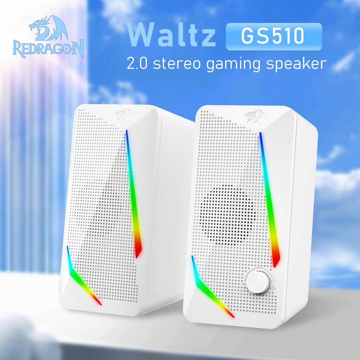 The Redragon GS510 speakers are displayed, emphasizing their 2.0 channel stereo core that delivers rich, crystal-clear audio for gaming, music, and movies.