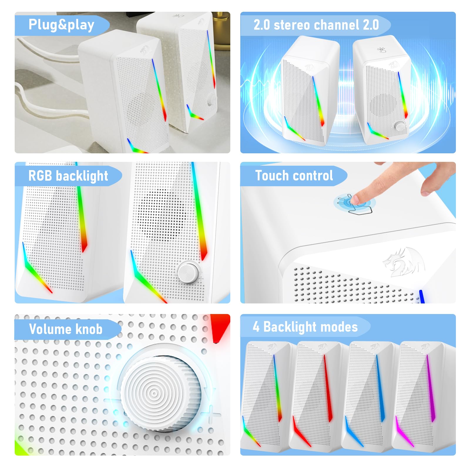 A 6-panel infographic showcases the Redragon GS510 speakers' key features: plug-and-play, 2.0 stereo, RGB backlight, touch control, volume knob, and 4 backlight modes.