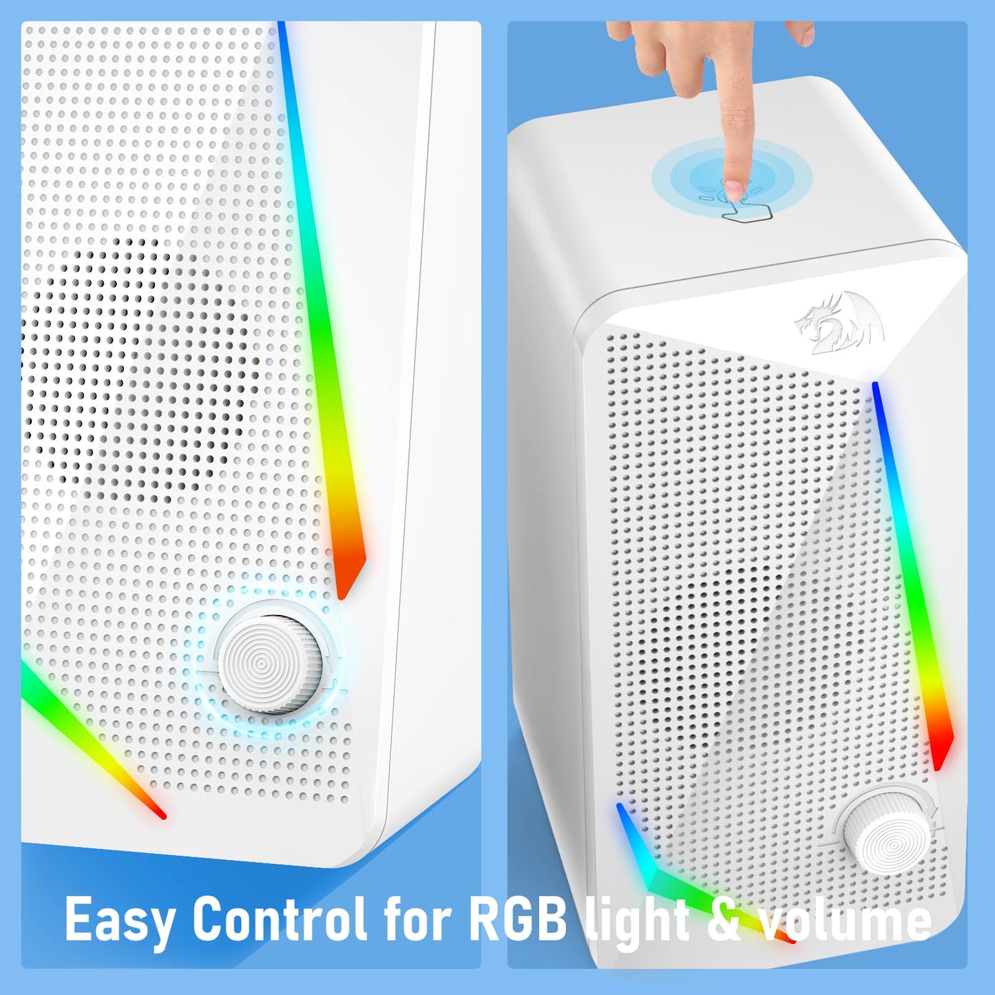 The speakers' intuitive control is highlighted, with a touch button for RGB lighting and a volume knob for easy audio adjustment.
