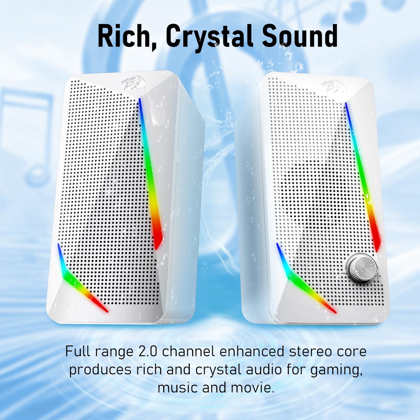 The Redragon Waltz GS510 2.0 stereo gaming speakers are presented, featuring a sleek white design with dynamic RGB light strips.