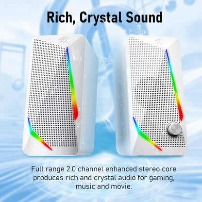 The Redragon Waltz GS510 2.0 stereo gaming speakers are presented, featuring a sleek white design with dynamic RGB light strips.